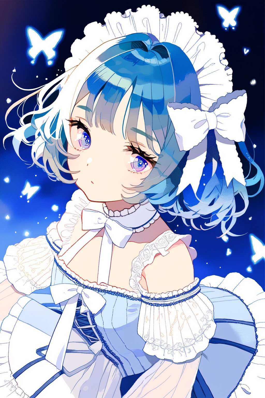 blue hair,short hair,medium breasts,long hair,blue pupils,Lolita,There is a small white bow on the left side of the hair.