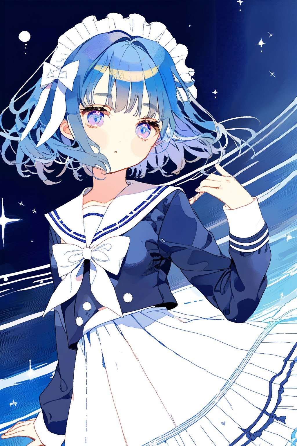 blue hair,short hair,medium breasts,long hair,blue pupils,sailor suit,Lolita,There is a small white bow on the left side of the hair.