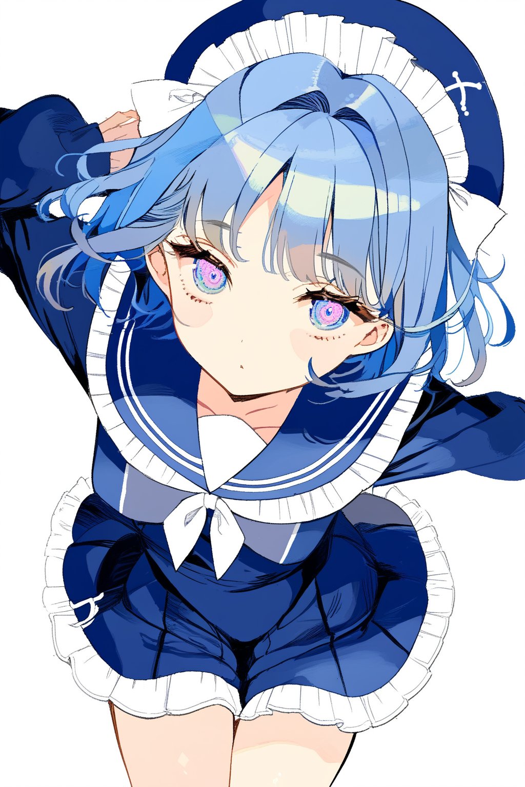 blue hair,short hair,medium breasts,long hair,blue pupils,sailor suit,Lolita