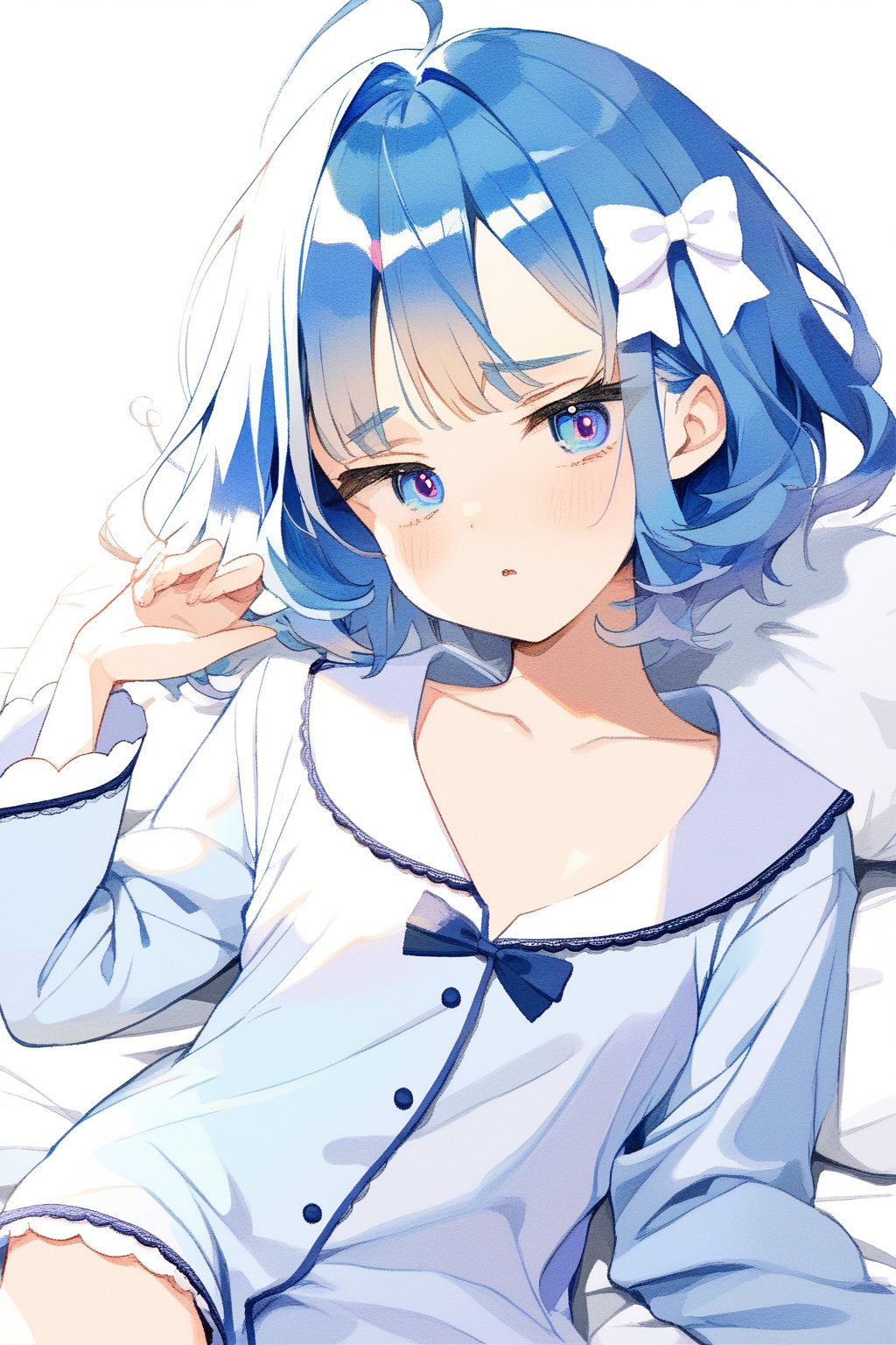 pouty,blue hair,short hair,medium breasts,long hair,blue pupils,pajamas,There is a small white bow on the left side of the hair.