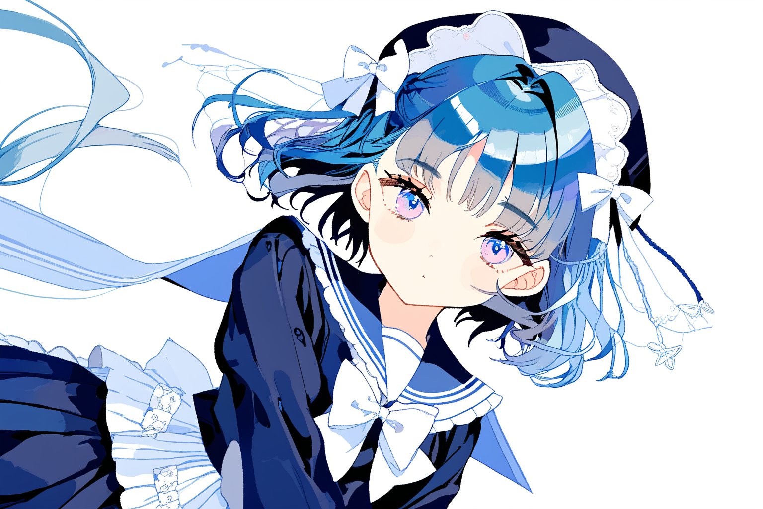 blue hair,short hair,medium breasts,long hair,blue pupils,sailor suit,Lolita,There is a small white bow on the left side of the hair.