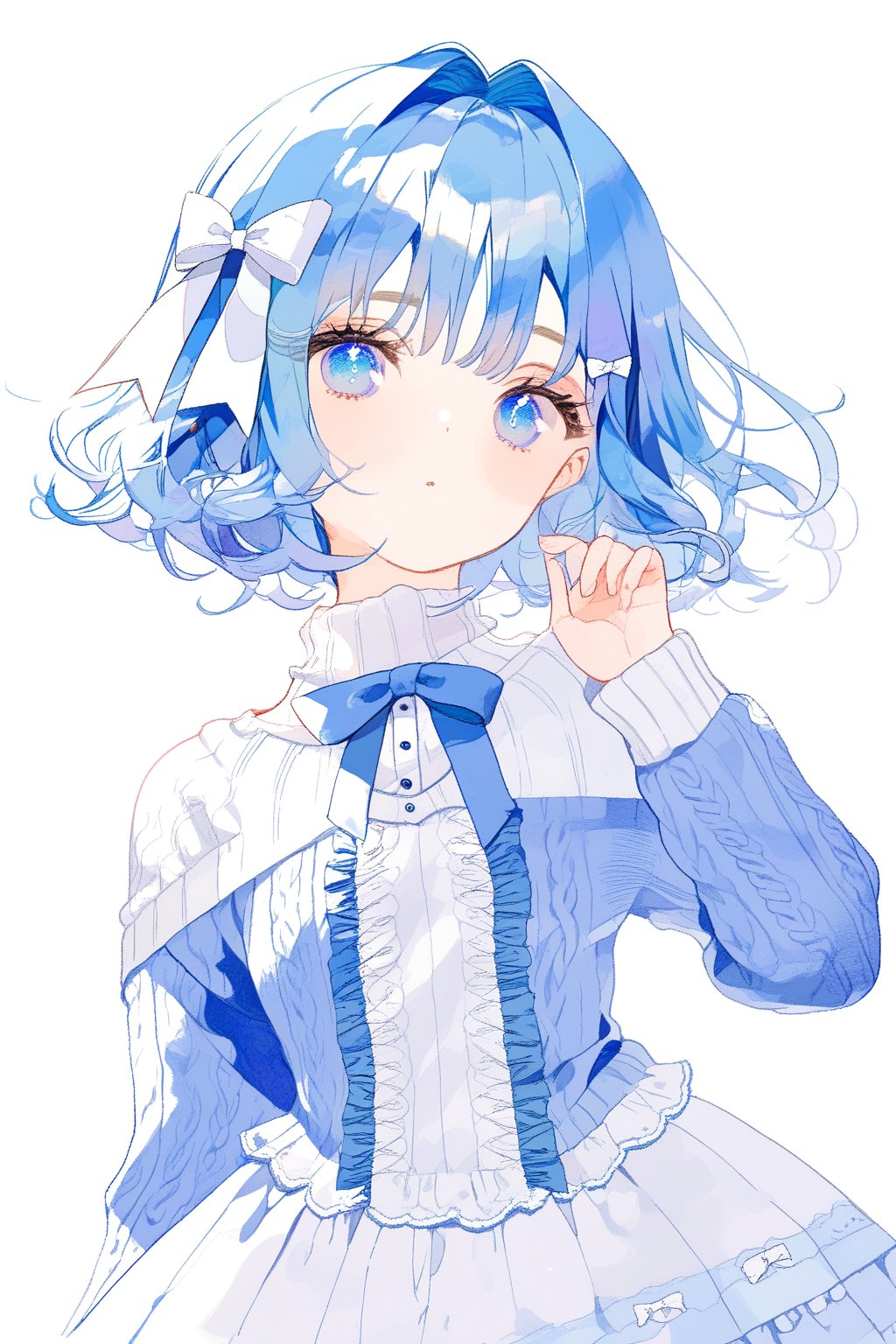 blue hair,short hair,medium breasts,long hair,blue pupils,sweater,Lolita,There is a small white bow on the left side of the hair.