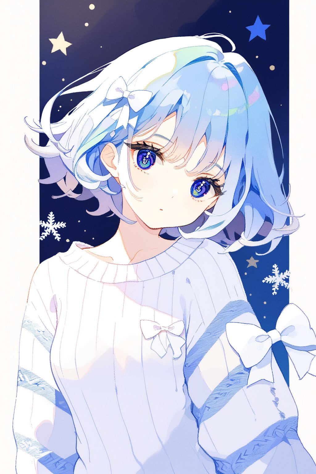 sweater,blue hair,short hair,medium breasts,long hair,blue pupils,sweater,There is a small white bow on the left side of the hair.