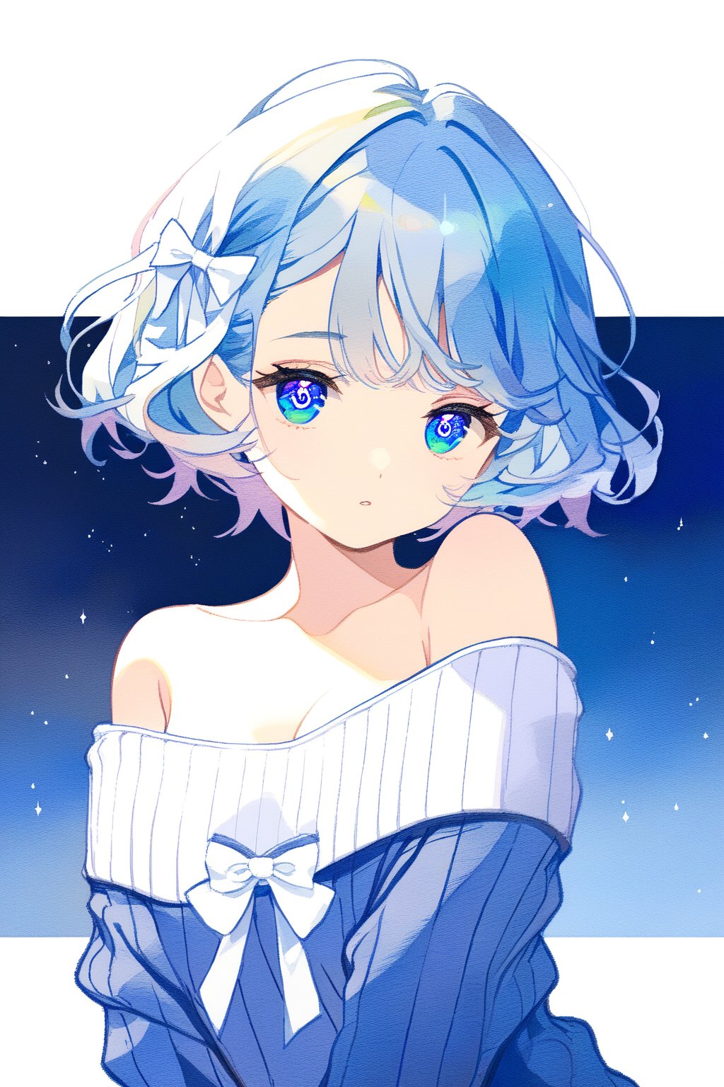 ,blue hair,short hair,medium breasts,long hair,blue pupils,off-shoulder sweater,There is a small white bow on the left side of the hair.