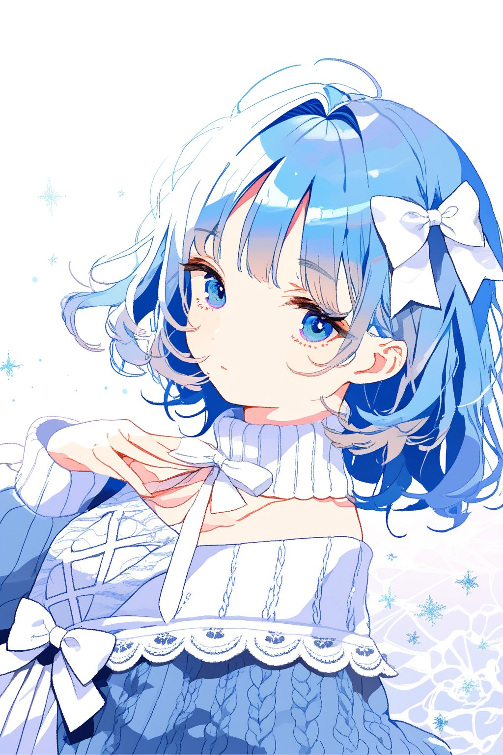 blue hair,short hair,medium breasts,long hair,blue pupils,sweater,Lolita,There is a small white bow on the left side of the hair.