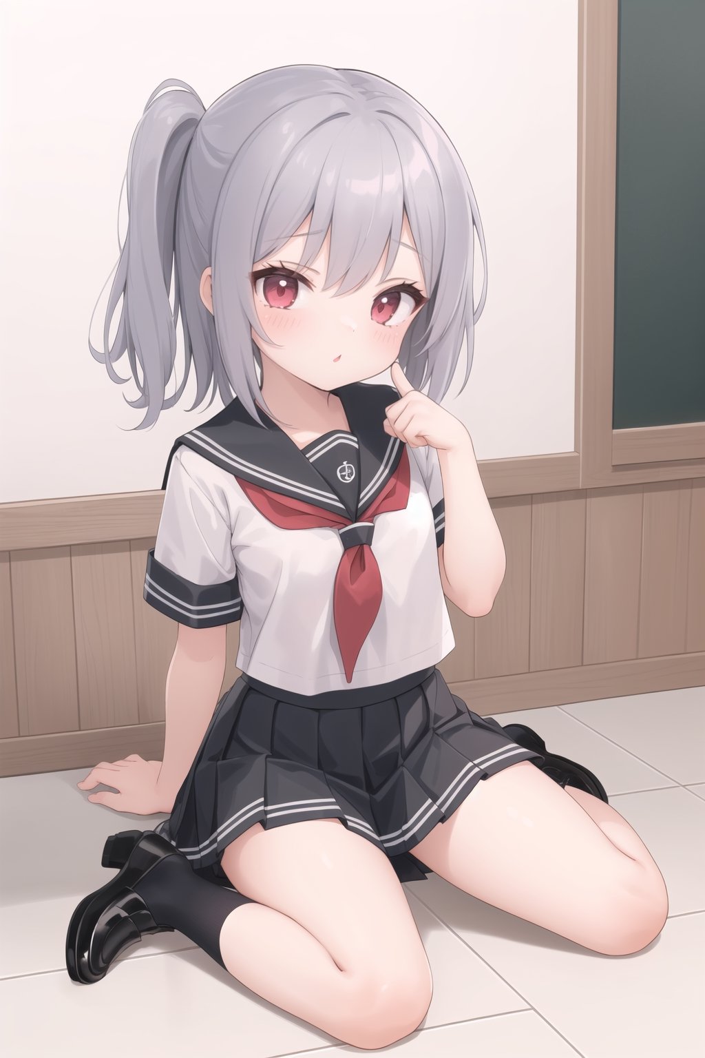 (little girl:1.5),,black footwear, black skirt, grey sailor collar, pleated skirt, sailor collar, school uniform, shoes, short sleeves, shuka high , skirt,sexy proportions,adult build,korean girl,school,sexy pose,kawaii
