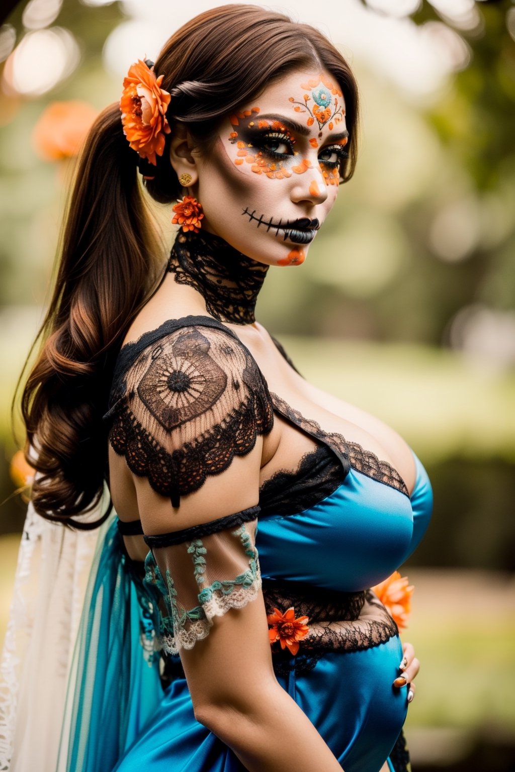 Best quality,8k,32k,Masterpiece, (UHD::1.2),full body potrait of a young woman with Catrina makeup ((latina)), ((hazel_eyes, bright)), extremely detailed eyes, dia de los muertos,(white make up,orange,black makeup,emulating a skull with the make up,orange flowers as ornament in hair),many orange flowers,attractive features,eyes,eyelid,focus,depth of field,film grain,ray tracing,contrast lipstick,slim model,backlit,(impossible_fit),pregnant,(((wearing vintage lace mexican gown))),((large_breasts)), absolute_cleavage,plump breasts, detailed natural real skin texture,visible skin pores,anatomically correct,night,Coyoacán background,Catrina,secuctive,photo of perfecteyes eyes,((brown shoulder length hair, tight pony tail))