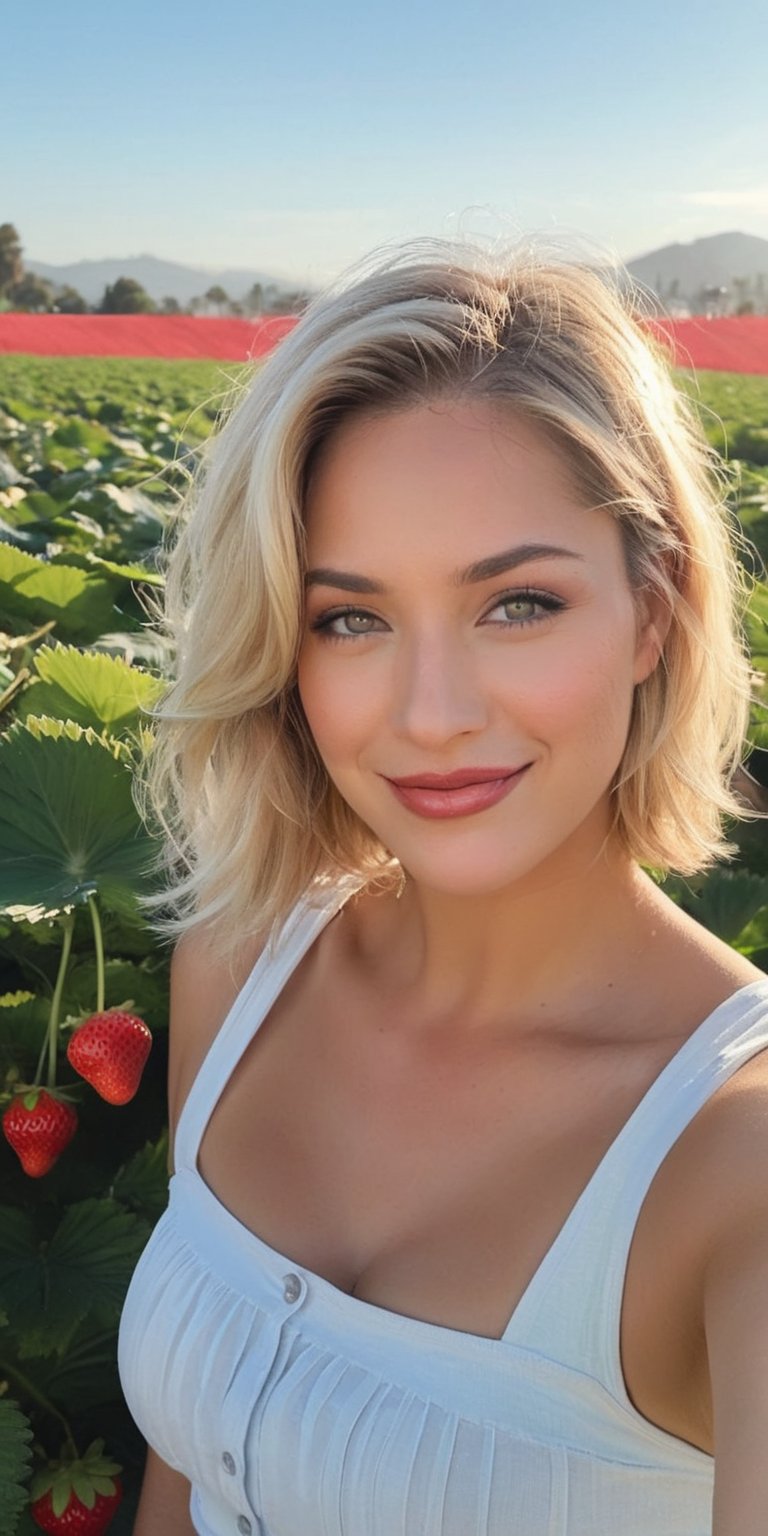 A cheerful Argentinian girl enjoying the Strawberry Festival Festival, DeeG, she has the most beautiful hazel eyes, ((blonde hair)), beaming under the early morning sun of Southern California in the Spring. The scene is accentuated by a lush strawberry Fields in the background. The photo features a cinematic style with a classic Hollywood filter, rendered hyper-realistically as if captured by a Canon EOS 5D Mark IV, exuding a realistic, cinematic vibe.