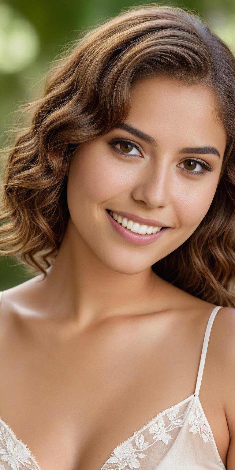 generate an image of a beautiful Mexican woman, Claire, 19 years old, close up shot, (detailed hazel eyes), big beautiful smile with perfect teeth, realistic skin texture and pores, ((shoulder length light chestnut hair that turns lighter as it reaches the tips)), (hazel eyes). Albsolutely amazing round breasts in a sheer summer linen dress. The perfect woman to marry, affectionate, the love of your life. Perfect lighting.