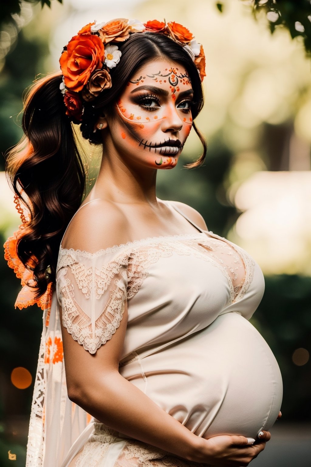 Best quality,8k,32k,Masterpiece, (UHD::1.2),full body potrait of a young woman with Catrina makeup ((latina)), ((hazel_eyes, bright)), extremely detailed eyes, dia de los muertos,(white make up,orange,black makeup,emulating a skull with the make up,orange flowers as ornament in hair),many orange flowers,attractive features,eyes,eyelid,focus,depth of field,film grain,ray tracing,contrast lipstick,slim model,backlit,(impossible_fit),((pregnant, fit)),(((wearing vintage lace mexican gown))),((large_breasts)), absolute_cleavage,plump breasts, detailed natural real skin texture,visible skin pores,anatomically correct,night,Coyoacán background,Catrina,secuctive,photo of perfecteyes eyes,((brown shoulder length hair, tight pony tail, short pony tail))