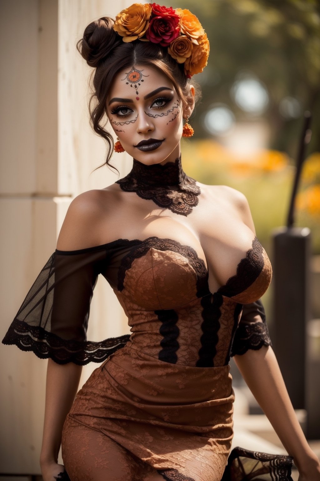 Best quality,8k,32k,Masterpiece, (UHD::1.2),full body potrait of a young woman with Catrina makeup ((latina)), ((hazel_eyes)), extreme detailed eyes, dia de los muertos,white make up,orange,black makeup,emulating a skull with the make up,orange flowers as ornament in hair,many orange flowers,wearing a gown,and attractive features,eyes,eyelid,focus,depth of field,film grain,ray tracing,contrast lipstick,slim model, (impossible_fit), toned abs, (((vintage lace mexican dress))),((large_breasts)), absolute_cleavage,plump breasts, detailed natural real skin texture,visible skin pores,anatomically correct,night,(teotihuacan),Catrina, secuctive, hourglass_figure ,photo of perfecteyes eyes, ((brown shoulder length hair, tight bun))