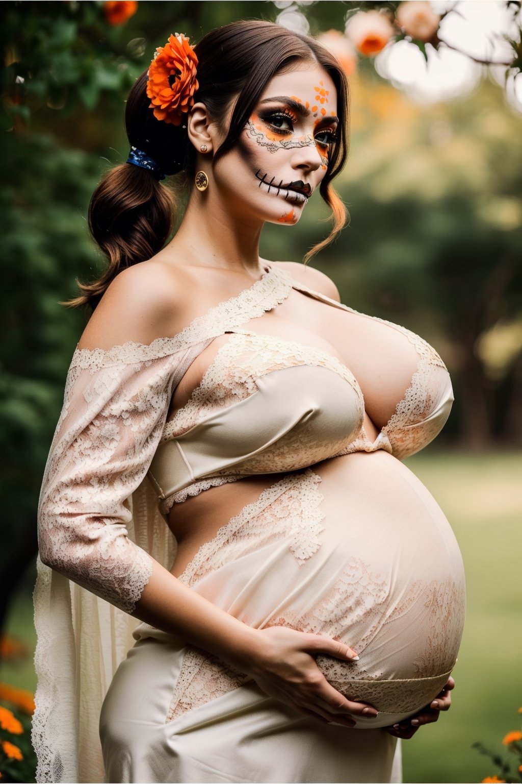 Best quality,8k,32k,Masterpiece, (UHD::1.2),full body potrait of a young woman with Catrina makeup ((latina)), ((hazel_eyes, bright)), extremely detailed eyes, dia de los muertos,(white make up,orange,black makeup,emulating a skull with the make up,orange flowers as ornament in hair),many orange flowers,attractive features,eyes,eyelid,focus,depth of field,film grain,ray tracing,contrast lipstick,slim model,backlit,(impossible_fit),((pregnant, holding pregnant belly)),(((wearing vintage lace mexican gown))),((large_breasts)), absolute_cleavage,plump breasts, detailed natural real skin texture,visible skin pores,anatomically correct,night,Coyoacán background,Catrina,secuctive,photo of perfecteyes eyes,((brown shoulder length hair, tight pony tail, short pony tail))