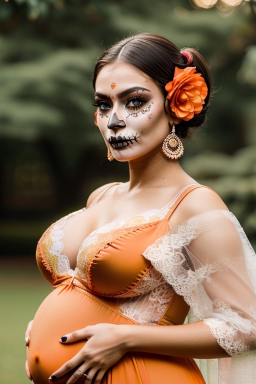 Best quality,8k,32k,Masterpiece, (UHD::1.2),full body potrait of a young woman with Catrina makeup ((latina)), ((hazel_eyes, bright)), extremely detailed eyes, dia de los muertos,(white make up,orange,black makeup,emulating a skull with the make up,orange flowers as ornament in hair),many orange flowers,attractive features,eyes,eyelid,focus,depth of field,film grain,ray tracing,contrast lipstick,slim model,backlit,(impossible_fit),((6 months pregnant, holding pregnant belly)),(((wearing vintage lace mexican gown))),((large_breasts)), absolute_cleavage,plump breasts, detailed natural real skin texture,visible skin pores,anatomically correct,night,Coyoacán background,Catrina,secuctive,photo of perfecteyes eyes,((brown shoulder length hair, tight pony tail, short pony tail))