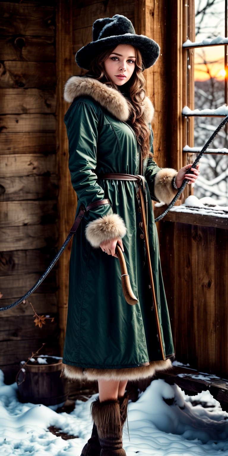 Best quality, 32k, (UHD::1.2), create photo realistic beautiful woman dressed up as a sexy Belsnickel, detailed eyes. (Belsnickel wears furs and a fur round Russian Style hat with leaves and twigs). Typically very ragged and disheveled, wears torn, tattered, and dirty dress, ((carries a whip in hand with which to beat naughty children)). Christmas time, outside in the snow at sunset, beautiful lighting.
