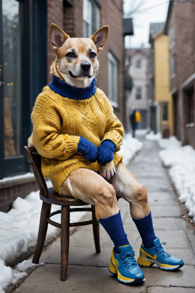 1dog, yellow sweater, winter street background, blue shoes, full body, sitting on chair