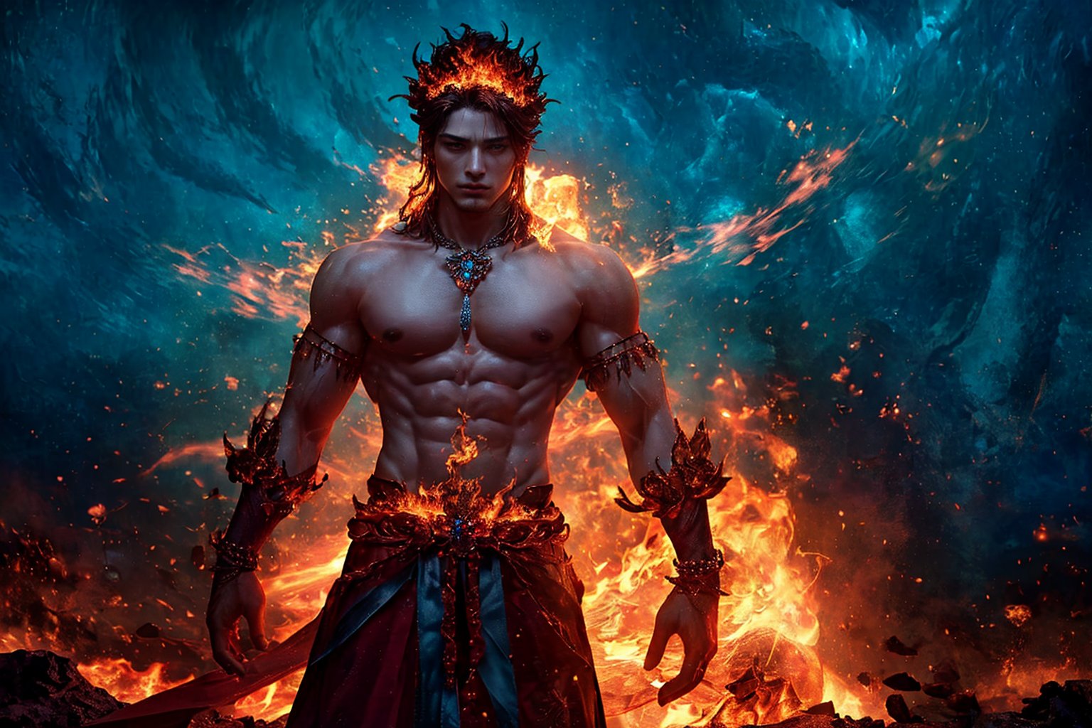 A majestic deity emerges from a blazing inferno. The Fire God stands tall, his entire being composed of fiery flames that dance across his aesthetically bulky physique. Hairy tendrils of flame sprout from his body, as if fueled by an inner blaze. Traditional red diamond jewelry adorns his male form, adding a touch of regality to this cinematic pose. His handsomely chiseled features are illuminated by the fiery glow, as if divinely appointed to reign over the flames he's born from.,Detailedface,photorealistic