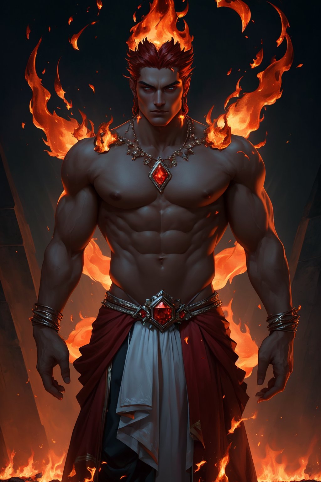 A majestic deity emerges from a blazing inferno. The Fire God stands tall, his entire being composed of fiery flames that dance across his aesthetically bulky physique. Hairy tendrils of flame sprout from his body, as if fueled by an inner blaze. Traditional red diamond jewelry adorns his male form, adding a touch of regality to this cinematic pose. His handsomely chiseled features are illuminated by the fiery glow, as if divinely appointed to reign over the flames he's born from.,Detailedface,photorealistic