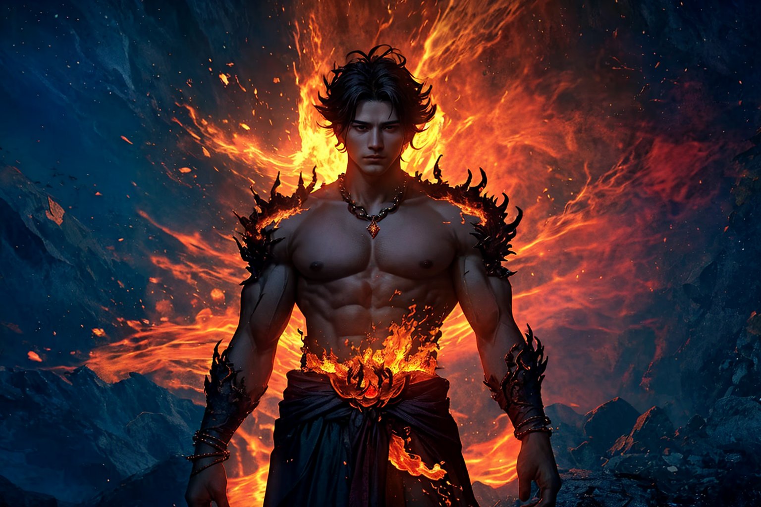 A majestic deity emerges from a blazing inferno. The Fire God stands tall, his entire being composed of fiery flames that dance across his aesthetically bulky physique. Hairy tendrils of flame sprout from his body, as if fueled by an inner blaze. Traditional red diamond jewelry adorns his male form, adding a touch of regality to this cinematic pose. His handsomely chiseled features are illuminated by the fiery glow, as if divinely appointed to reign over the flames he's born from.,Detailedface,photorealistic