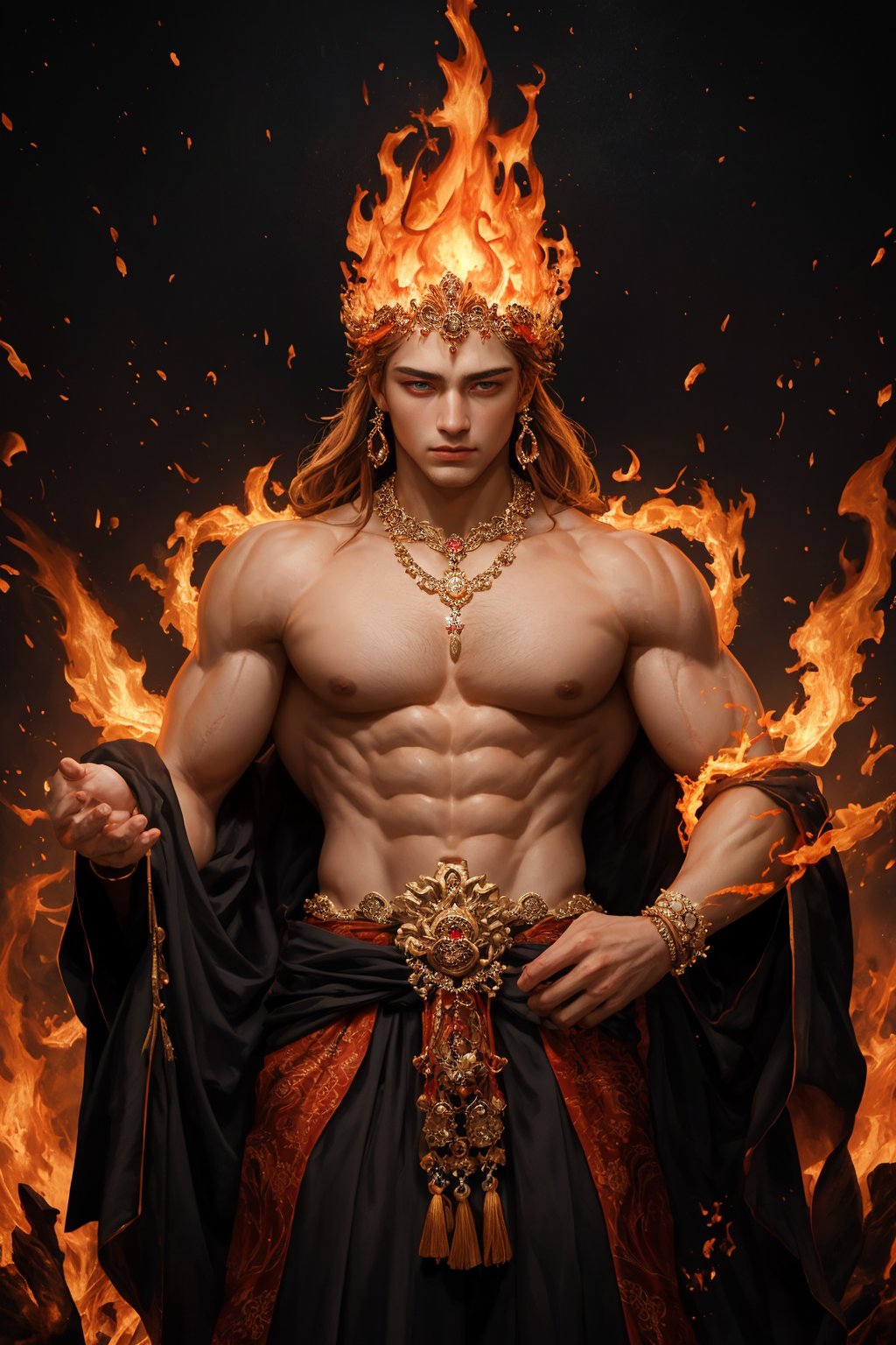 A majestic deity emerges from a blazing inferno. The Fire God stands tall, his entire being composed of fiery flames that dance across his aesthetically bulky physique. Hairy tendrils of flame sprout from his body, as if fueled by an inner blaze. Traditional red diamond jewelry adorns his male form, adding a touch of regality to this cinematic pose. His handsomely chiseled features are illuminated by the fiery glow, as if divinely appointed to reign over the flames he's born from.,Detailedface,photorealistic