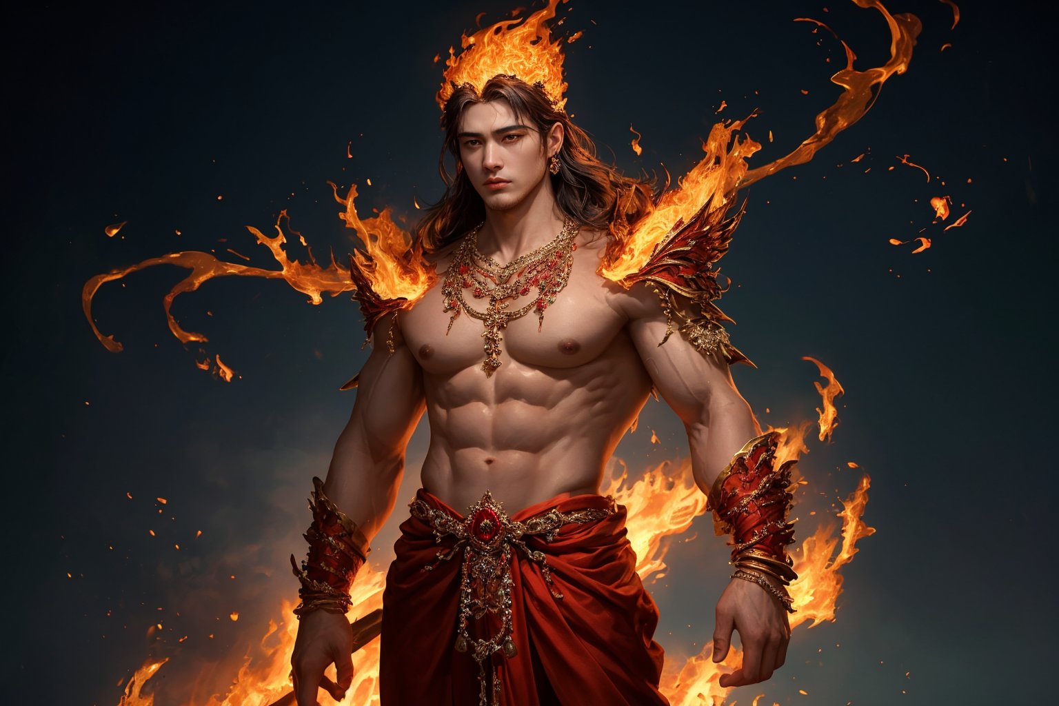 A majestic deity emerges from a blazing inferno. The Fire God stands tall, his entire being composed of fiery flames that dance across his aesthetically bulky physique. Hairy tendrils of flame sprout from his body, as if fueled by an inner blaze. Traditional red diamond jewelry adorns his male form, adding a touch of regality to this cinematic pose. His handsomely chiseled features are illuminated by the fiery glow, as if divinely appointed to reign over the flames he's born from.,Detailedface,photorealistic