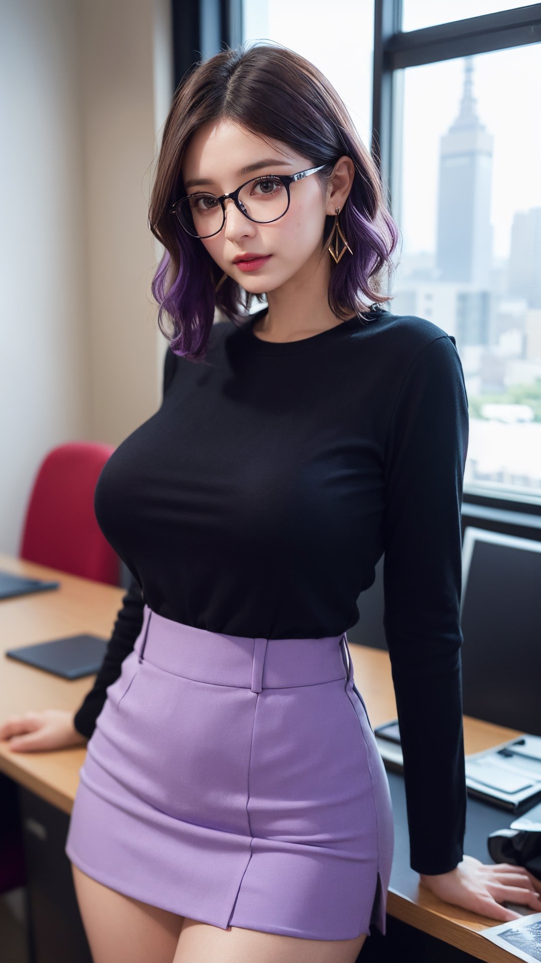 photorealistic:1.37, masterpiece, best quality, raw photo, absurdres, uhd, 1girl, wavy hair, brown hair , looking at viewer, in the large meeting room of the office in the high tower office building in  Tokyo ,Tokyo tower,intricate detail, detailed background, detailed skin, pore, highres, hdr , milf, milf body, presentation to ten men , beautiful model, soft light to the face,JP_MODELS , huge breasts, a 35 yo woman ,((black shirts, purple suit, purple miniskirt suits )),blurry_light_background,short hair, purple dyed hair, big glasses, black_earrings, married girl, cougar_(mature), tall girl