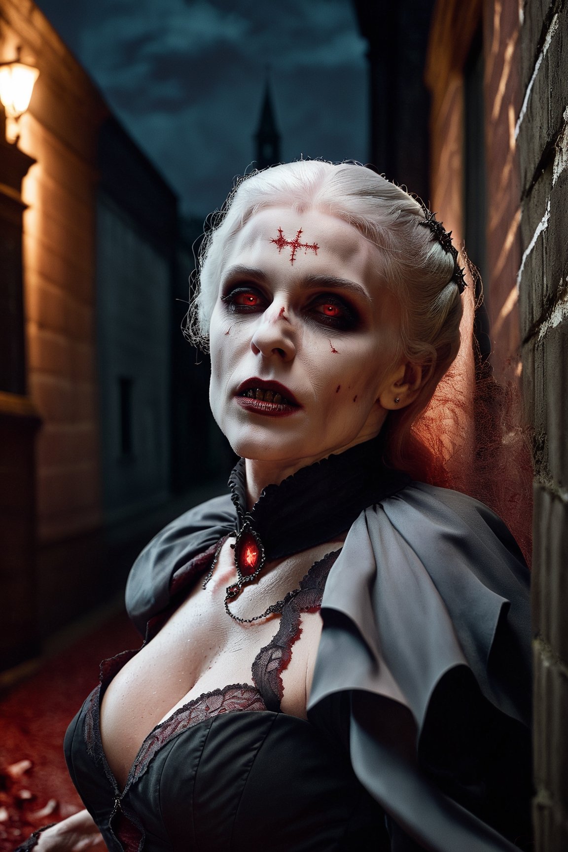 extremely detailed CG unity 8k wallpaper portrait of a vampire woman biting the viewer in a victorian back alley, white hair, 8k, night time, tan skin, mouth open, white shredded dress, crawling on ground, vampire fangs, blood dripping from mouth, dramatic lighting, by greg rutkowski, night sky, stars, full moon