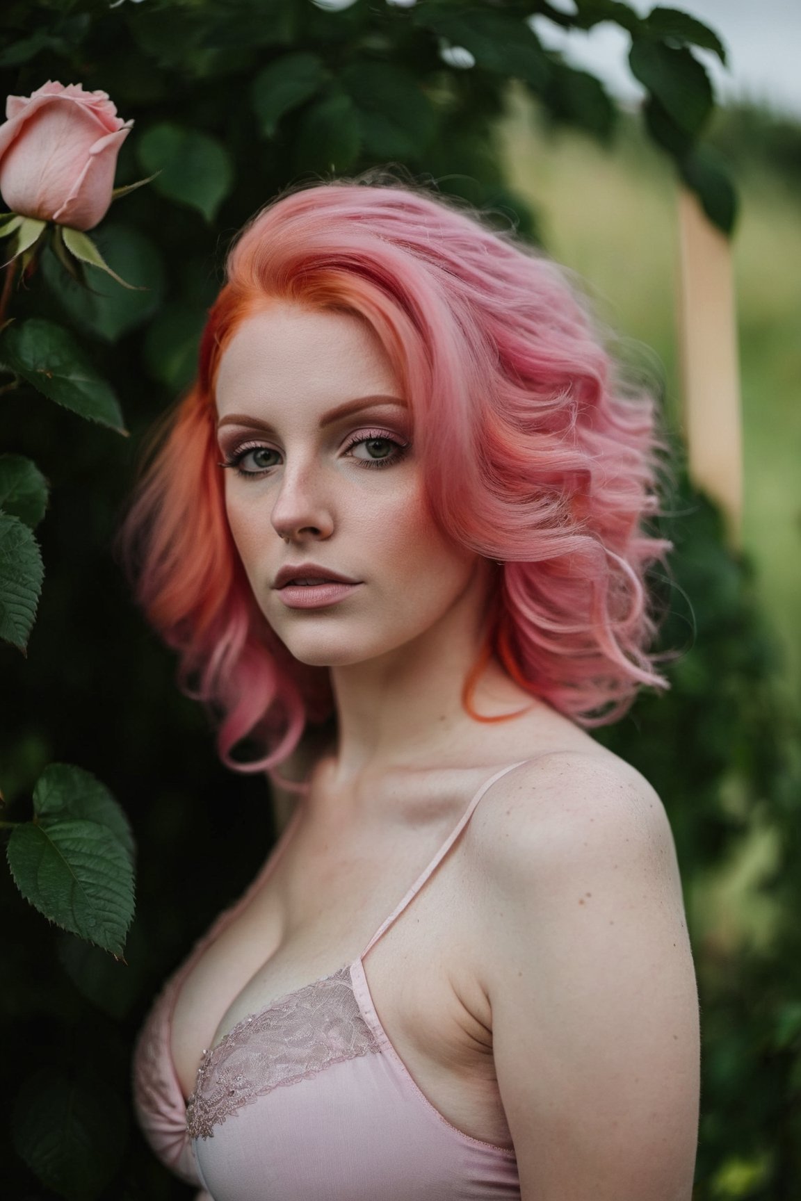 woman with pink hair, big breast, in the garden of rose