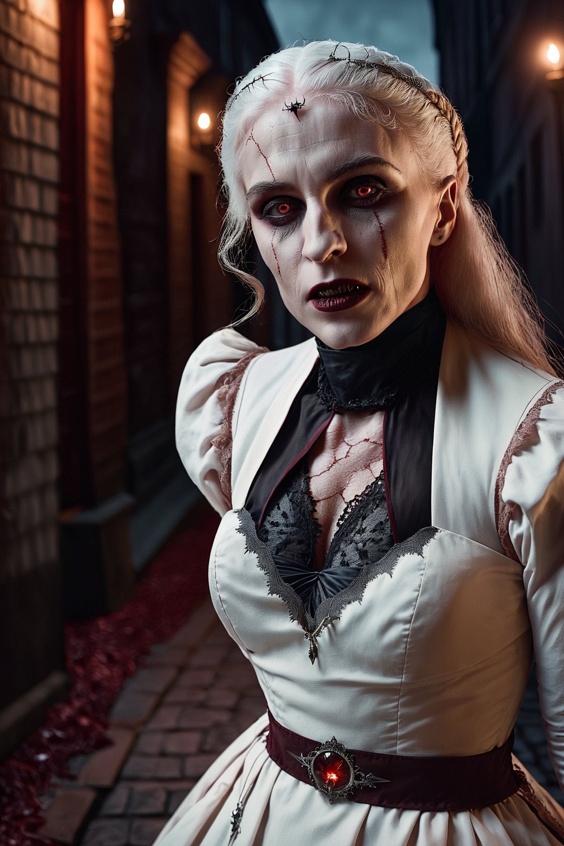 extremely detailed CG unity 8k wallpaper portrait of a vampire woman biting the viewer in a victorian back alley, white hair, 8k, night time, tan skin, mouth open, white shredded dress, crawling on ground, vampire fangs, blood dripping from mouth, dramatic lighting, by greg rutkowski, night sky, stars, full moon