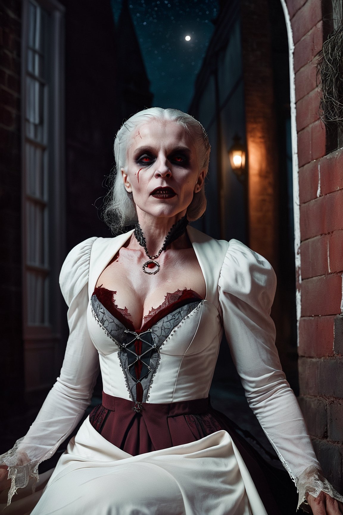 extremely detailed CG unity 8k wallpaper portrait of a vampire woman biting the viewer in a victorian back alley, white hair, 8k, night time, tan skin, mouth open, white shredded dress, crawling on ground, vampire fangs, blood dripping from mouth, dramatic lighting, by greg rutkowski, night sky, stars, full moon