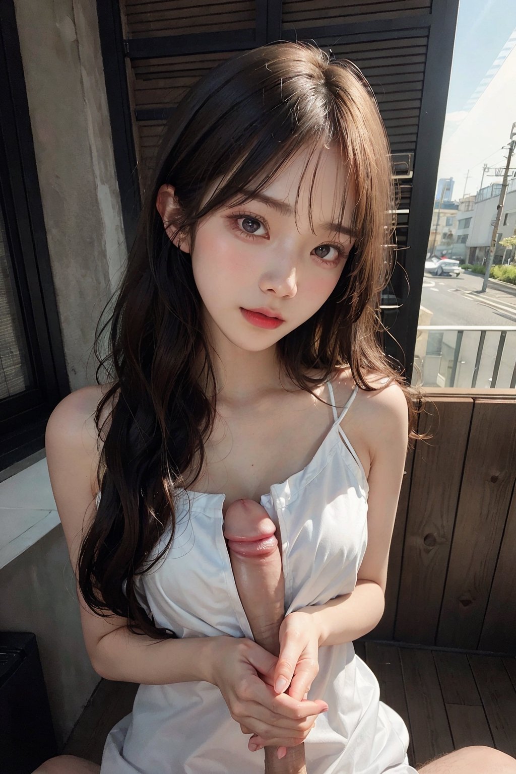 a 20 yo woman,long hair,dark theme, downblouse,  loose camisole, soothing tones, muted colors, high contrast, (natural skin texture, hyperrealism, sunlight, sharp),outdoor, medium boob, Korean,titfuck