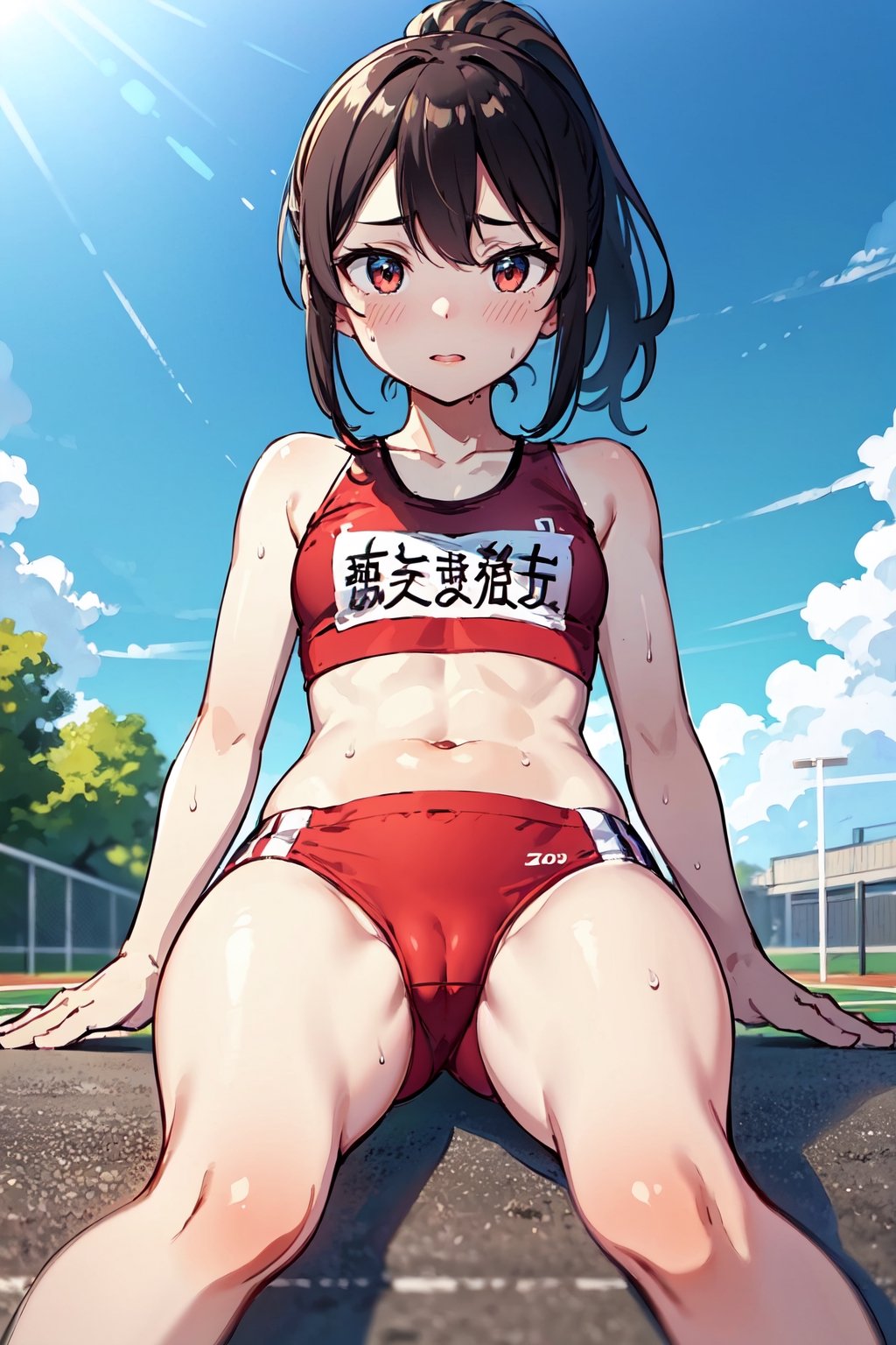  View from just below, sitting on the floor grasping one's knees (as in a gym class), clear and cloudless sky, small buttocks,track_girl,TRACK UNIFORM,nosleeve,camel toe,sweat,red UNIFORM,high ponytail,stomach