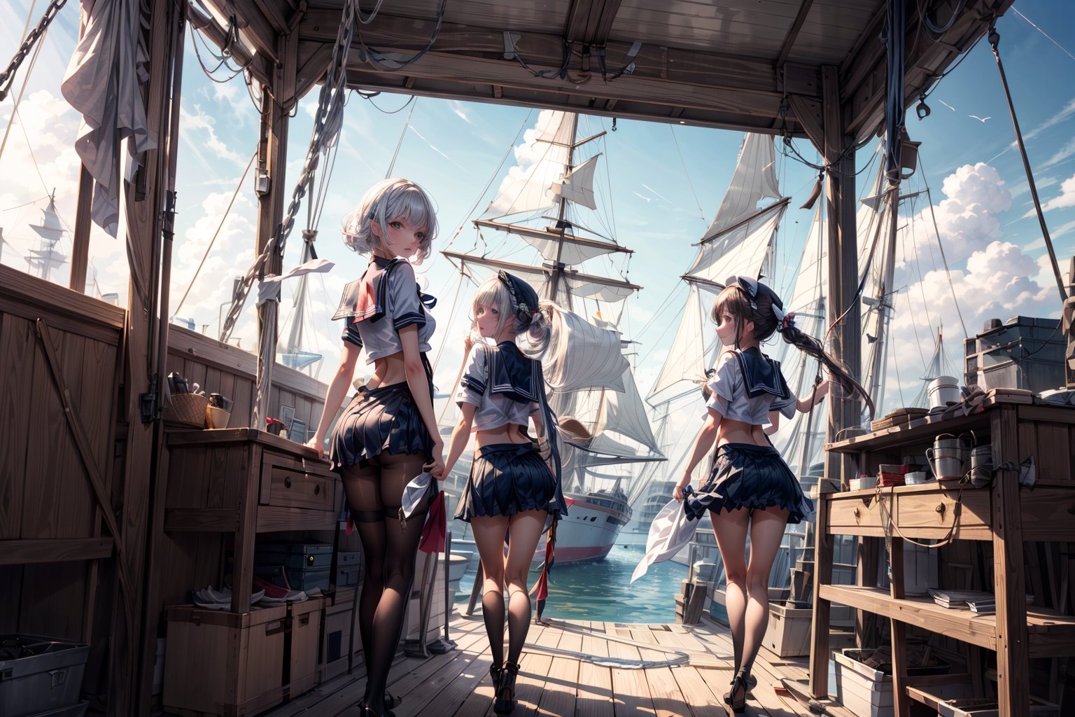 masterpiece, detailed, sails adventures, sunny morning, ship, (girls sailors:1.4), (warm colors:1.0), bright light, middle shot