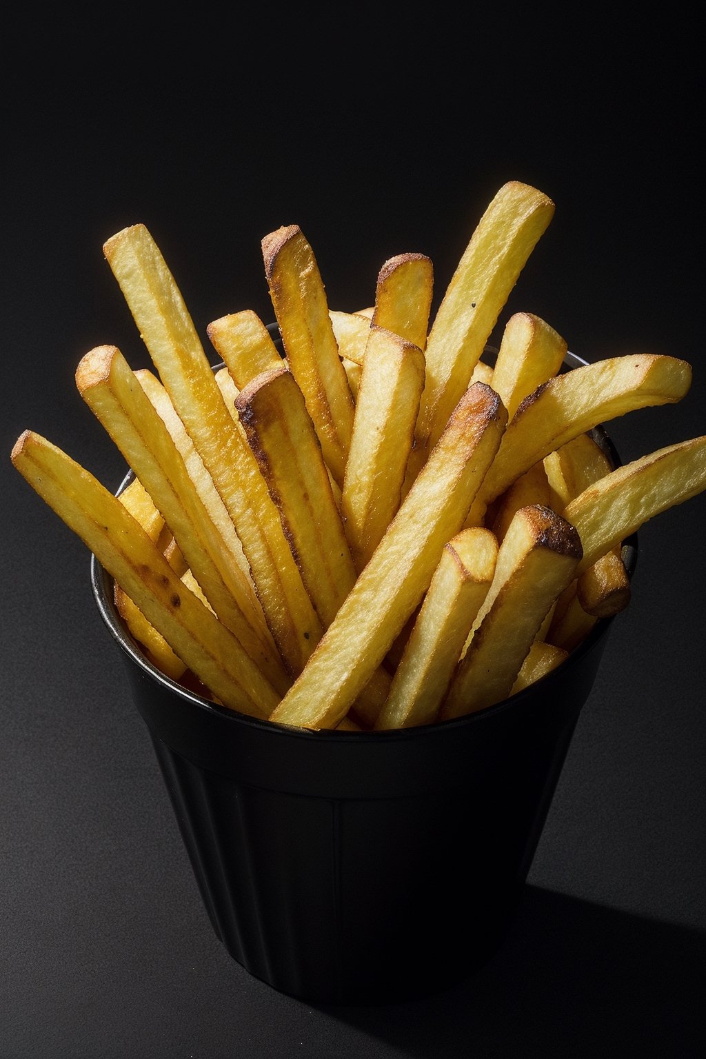 professional shot of French fries, warm colors, contrast, (isolated on black:1.2), stock quality, 4k, 50mm, DSLR camera quality, vibrant, saturated colors, studio light