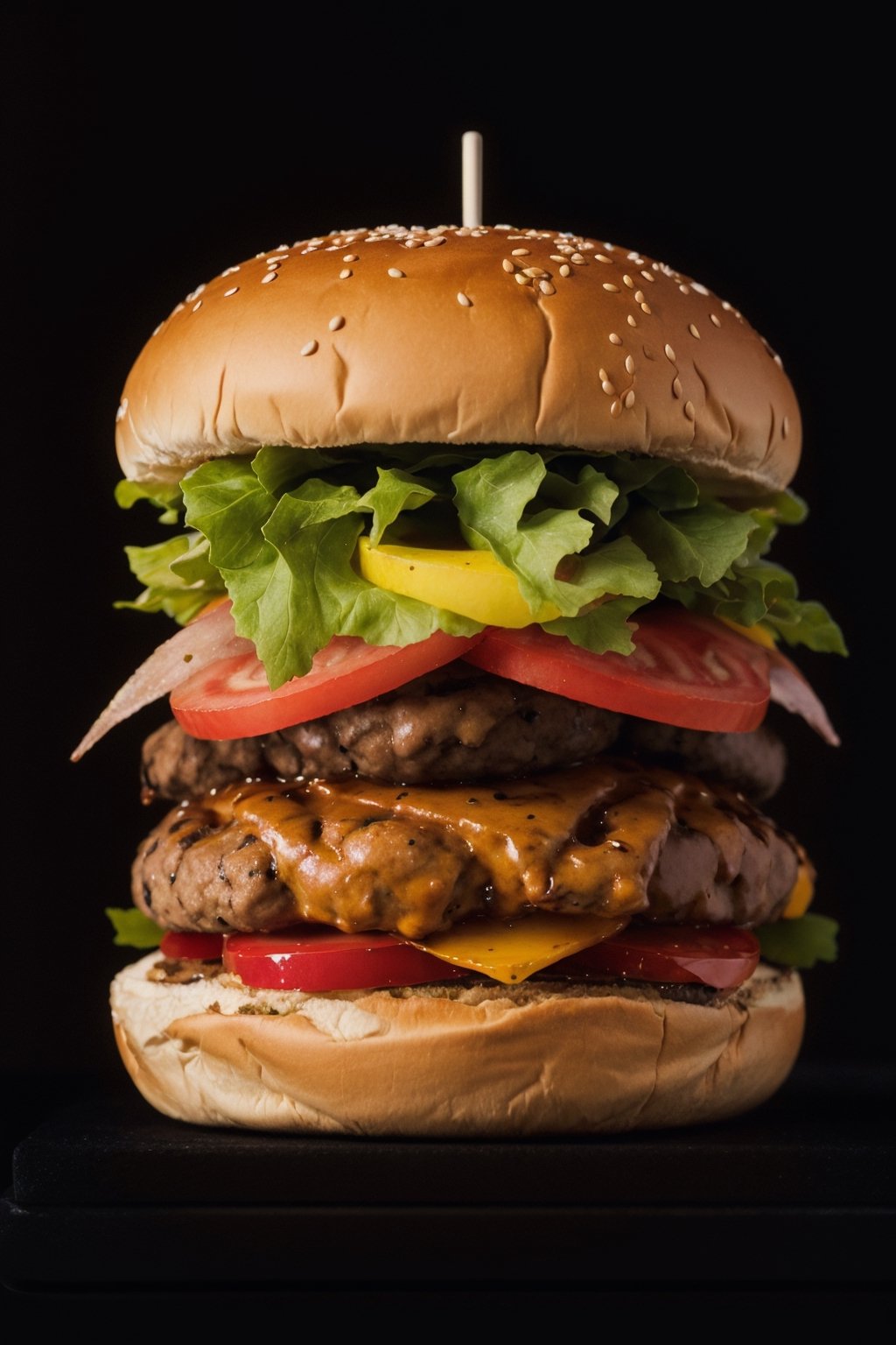  professional shot of sheesburger, warm colors, contrast, (isolated on black:1.2), stock quality, 4k, 50mm, DSLR camera quality, vibrant, saturated colors, studio light