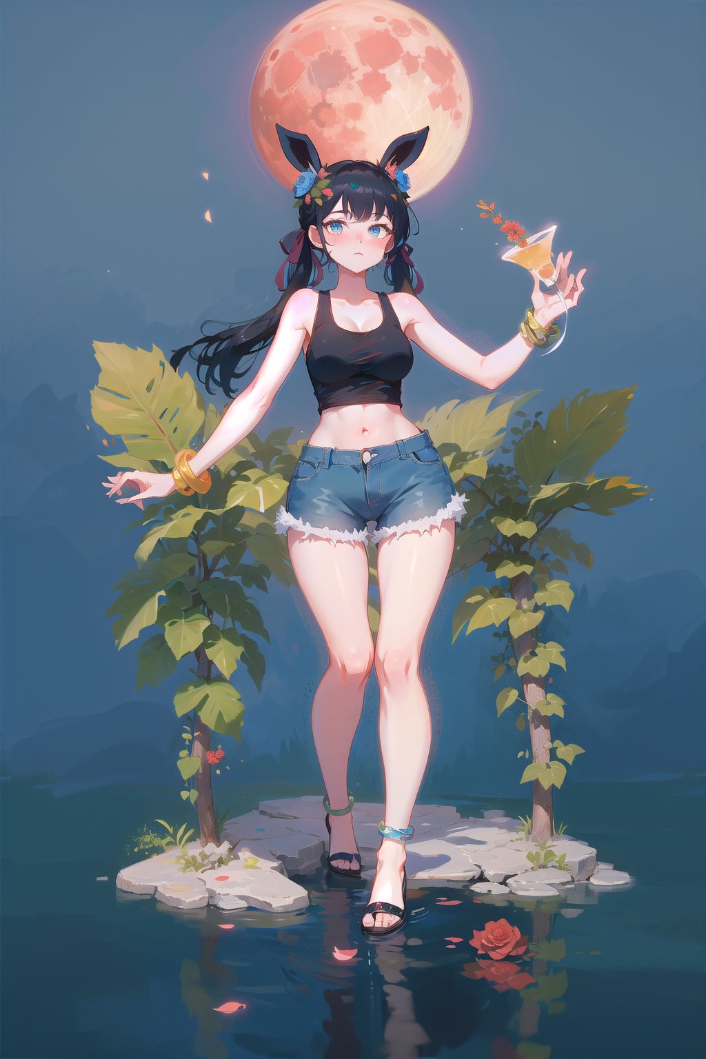 best quality, masterpiece, 1girl, big strong hips, bunny ears, (simple background:1.3), cute, curvy, white tanktop crop top and blue shorts, furry bunny ears, hips, full body, large breats, wide hips, clear skin, thick hips, clean, goddess, beauty, gradient background, simple background, solo, twintails, plae skin smug anime girl, garden floor, rose patterns, leaves patterns, holding cocktail drink, in a garden, roses and leaf patterns, grass, standing in a garden, pond, stone  water, wading, red moon, full moon, pokemon, wearing blue swim short and white tanktop, sleevless, black bracelets, bangles