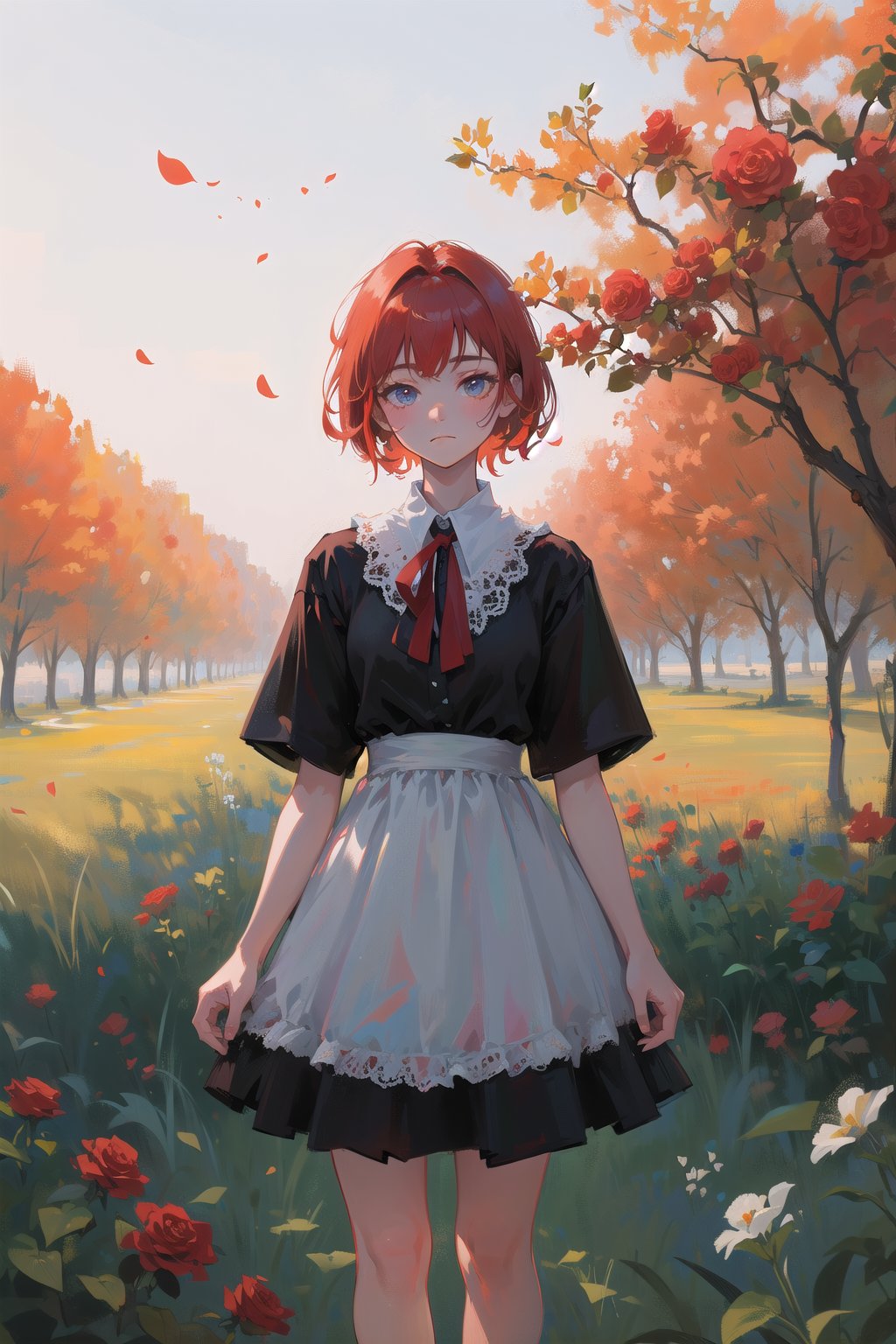 female, (masterpiece,  best quality,  ultra detailed,  absurdres)1.5, white shirt black dress neck ribbon, 1girl short hair, (simple background:.12),  red hair,  bangs,  looking_at_viewer, garden, grass, roses and leaves, gradient background