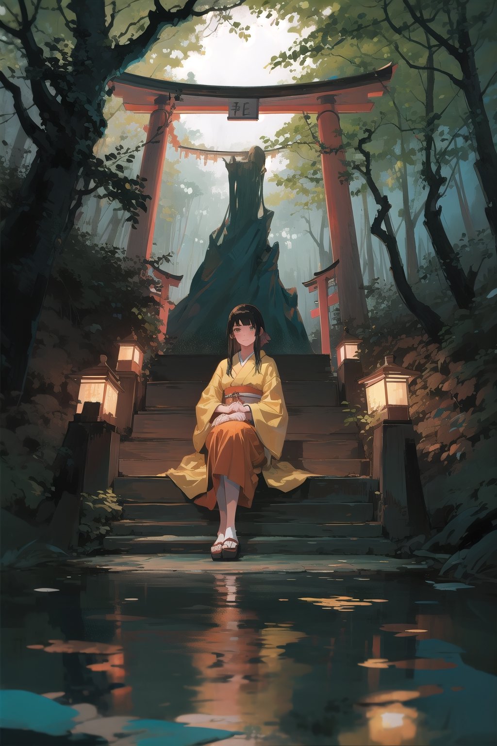 1girl sitting in front of a torii, in the jungle, best quality, black hair, mist, kimono, moss, tree log, scenery, rainforest, vibrant color, low angle shot, vibrant color, cinematic lighting, calm, serenity, Japanese shrine, sitting, wood bridge, stairs, reflections, blue water pond, feet in water, shrine candles lights, atmospheric,