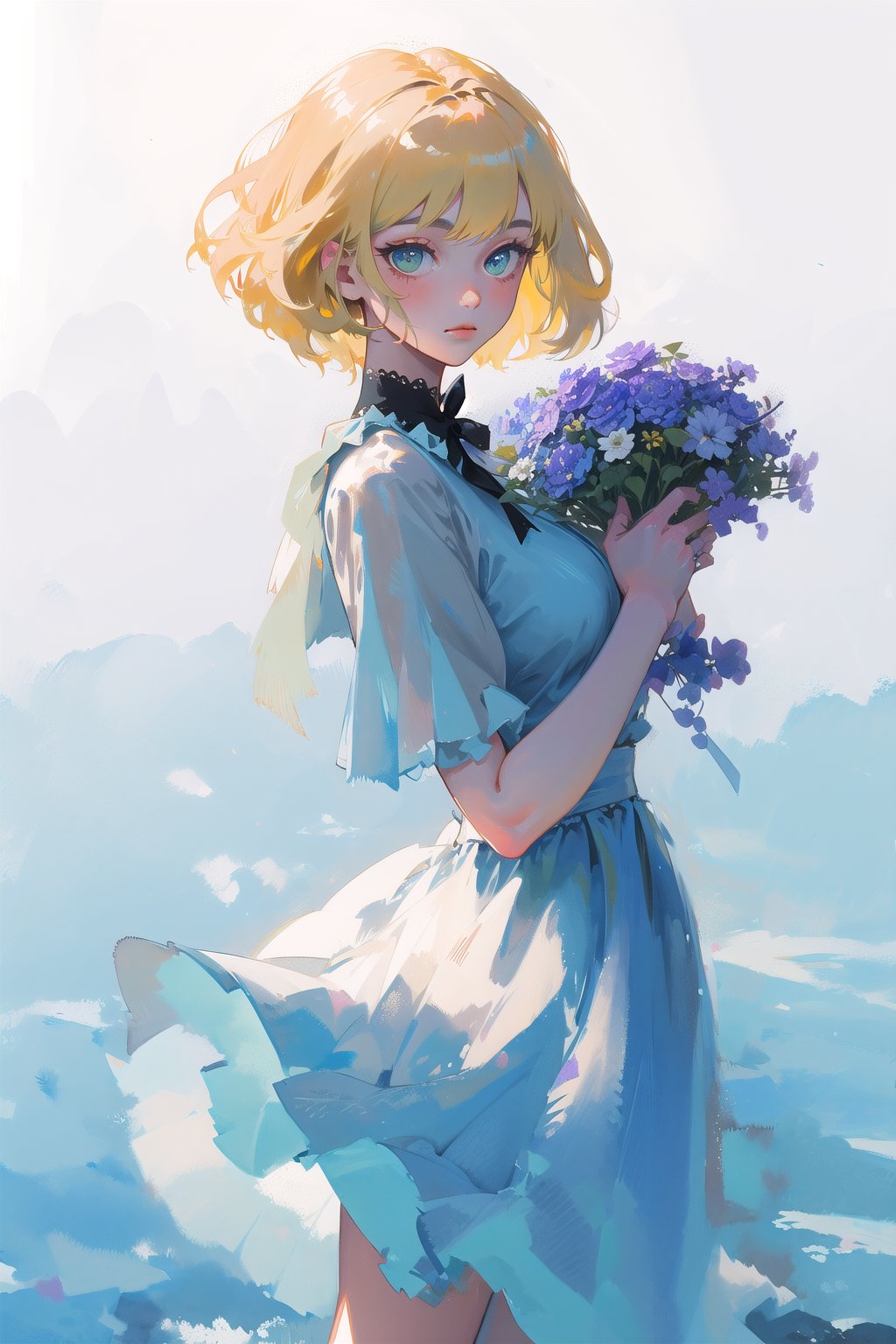 a woman with simple dress, short hair, blonde, global illumination, a photorealistic water painting, in the middle of flowers, long flowers, simple background, subsurface scattering, simple dress, (simple artwork:1.2), simple, (water color:1.2)