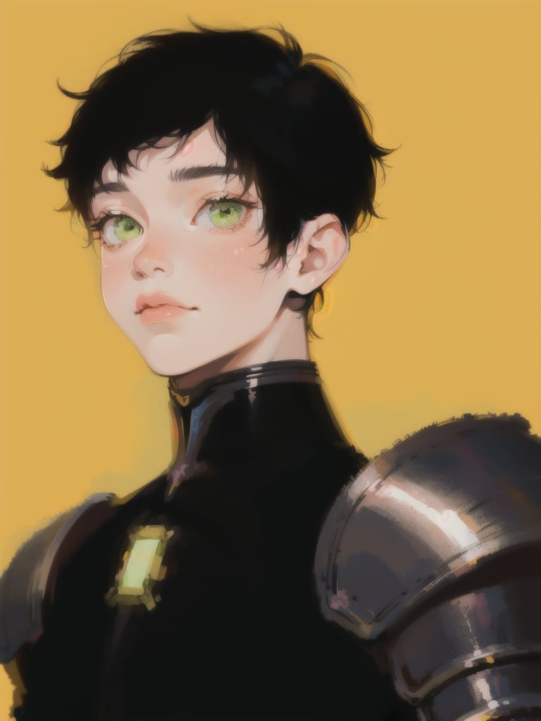 1boy, short hair, upper body, detailed face, simple background, razor cut hair, yellow background, green eyes, black armor