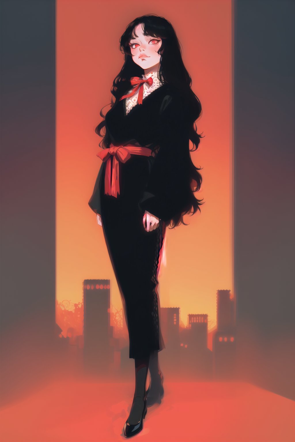 long black shiny hair,  ((wavy hair)),  red eyes,  1girl,  teenager,  city,  red and black clothes,  ribbon in hair,  full body