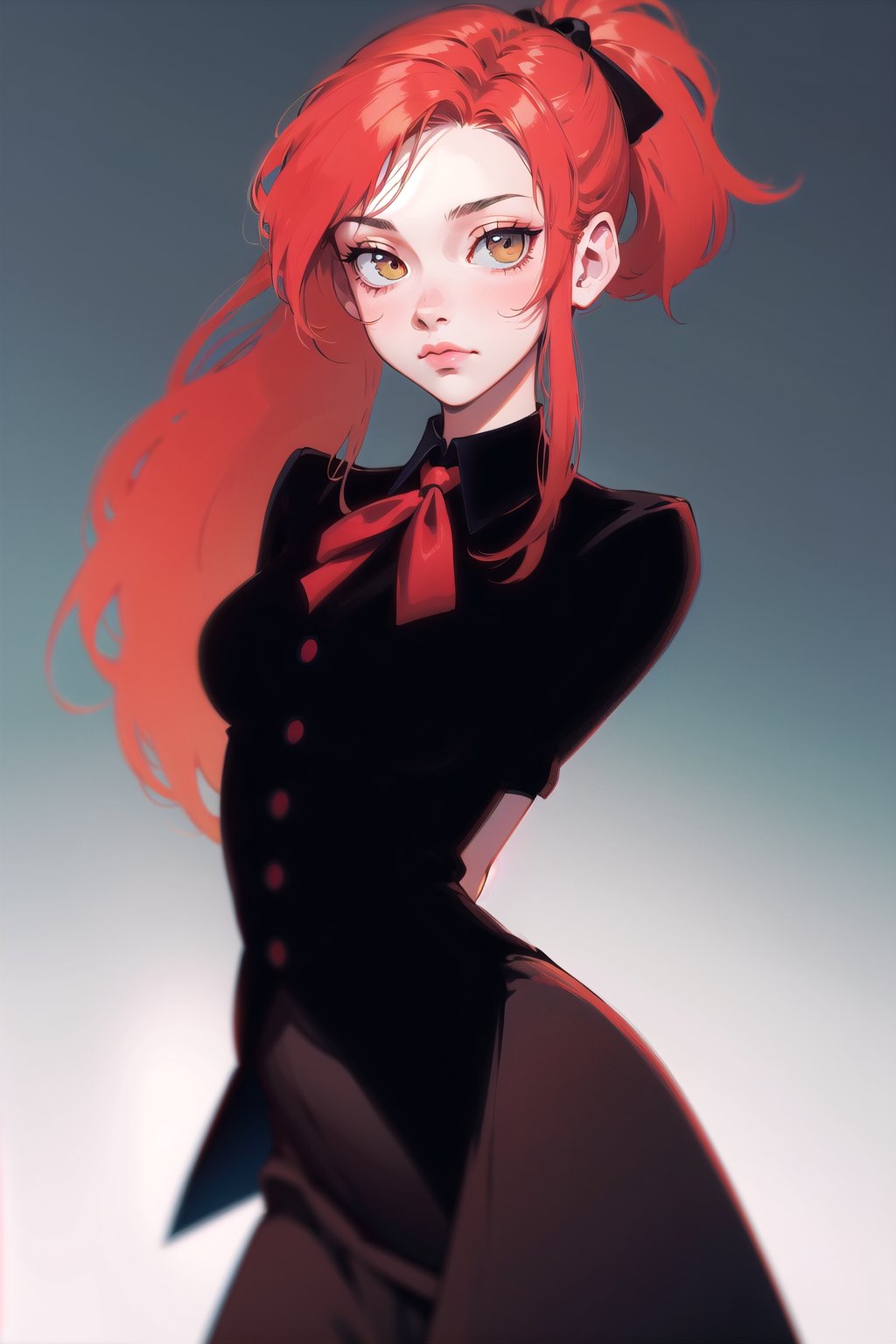 Victorian vampire, cute, (simple background:1.2), gradient background, red hair, tied hair, long hair, solo female, cowboy shot, skirt, collared shirt, victorian, ribbon, arms behind back, low ponytail,