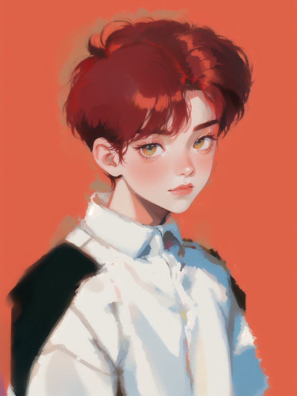 solo, 1boy, closeup, white shirt, red hair, 1990s \(style\), tr90style, simple background