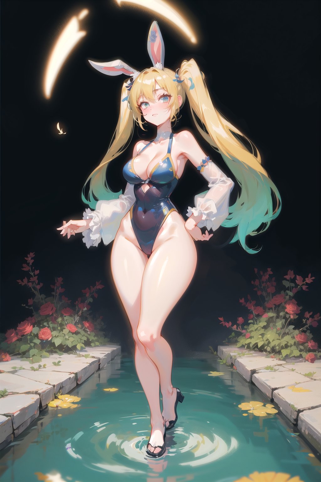 best quality, masterpiece, 1girl, big strong hips, bunny ears, (simple background:1.3), cute, curvy, one piece swimsuit, furry bunny ears, hips, full body, large breats, wide hips, clear skin, thick hips, clean, goddess, beauty, gradient background, simple background, solo, twintails, plae skin smug anime girl, garden floor, rose patterns, leaves patterns, holding cocktail drink, in a garden, roses and leaf patterns, grass, standing in a garden, pond, stone  water, wading, red moon, full moon, pokemon