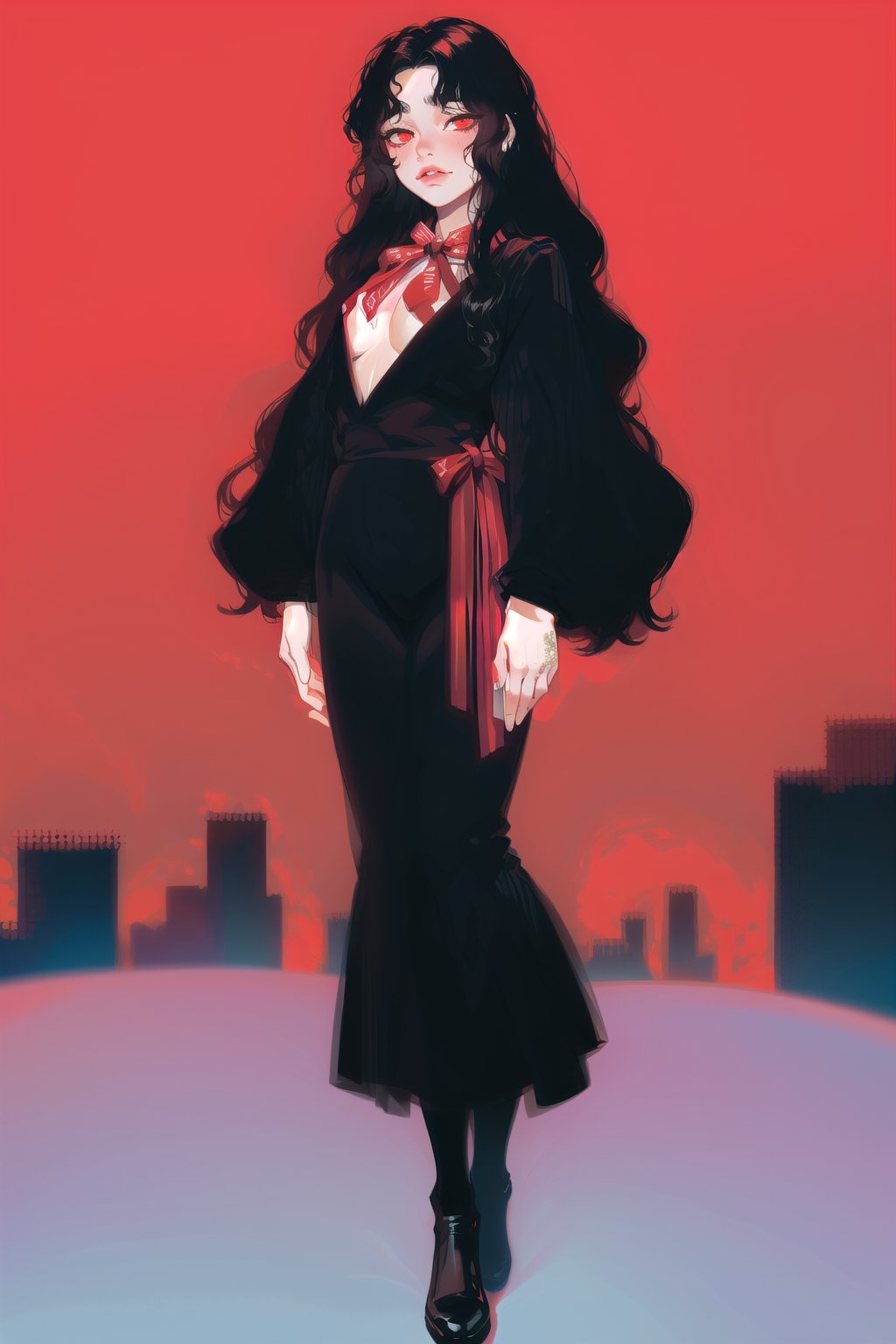 long black shiny hair,  ((wavy hair)),  red eyes,  1girl,  teenager,  city,  red and black clothes,  ribbon in hair,  full body