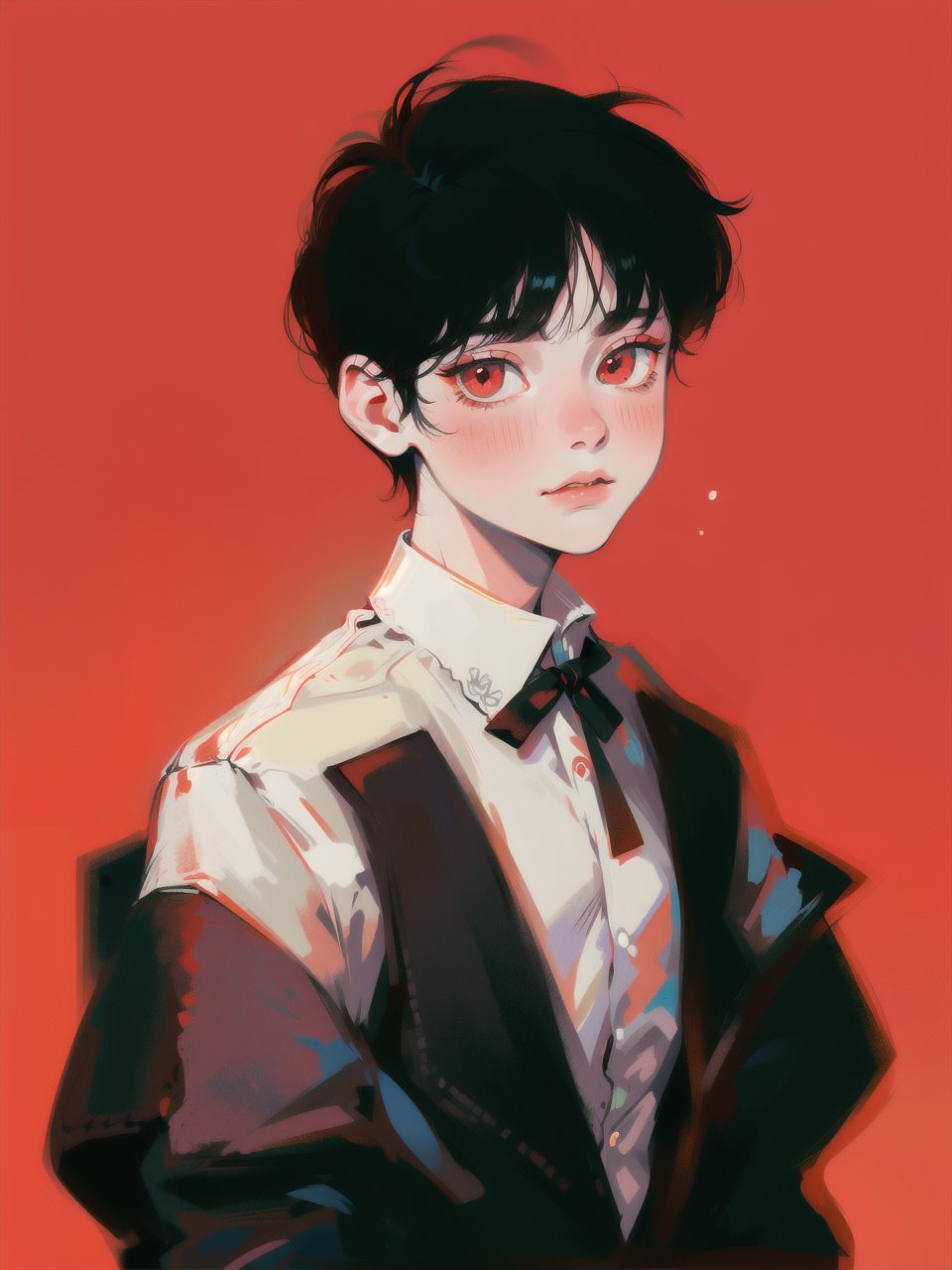 solo, 1boy, closeup, white shirt, black hair, 1990s \(style\), tr90style, simple background, red eyes, victorian, gradient background, vampire, blush, pale, sad