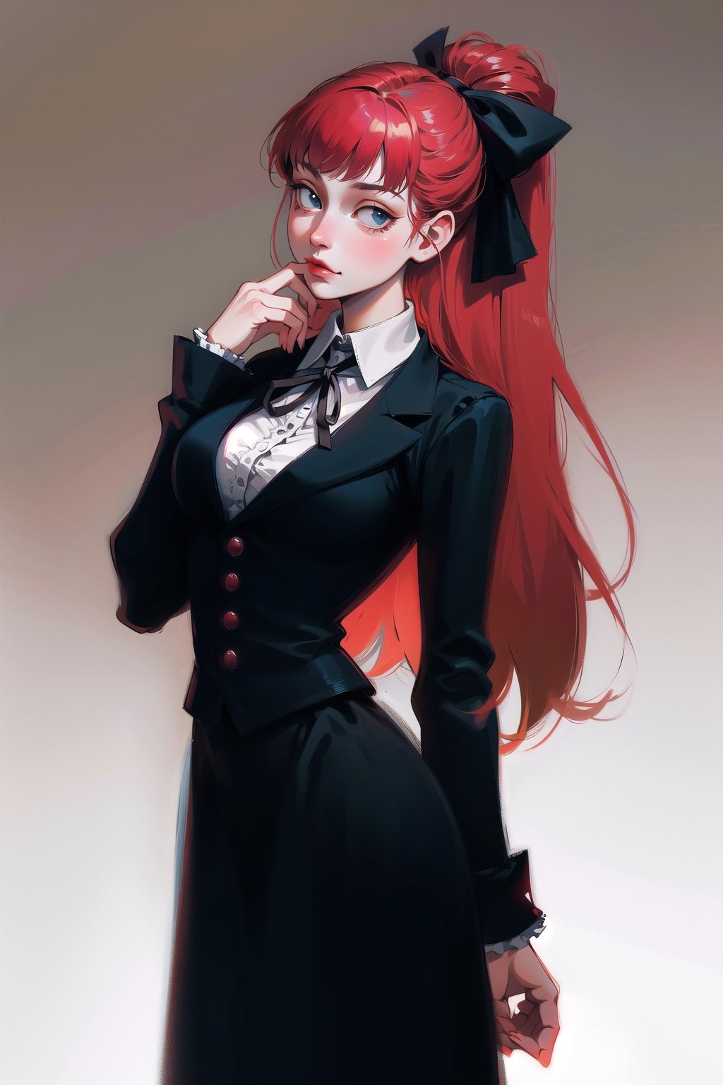 Victorian vampire, cute, (simple background:1.2), gradient background, red hair, tied hair, long hair, solo female, cowboy shot, skirt, collared shirt, victorian, ribbon