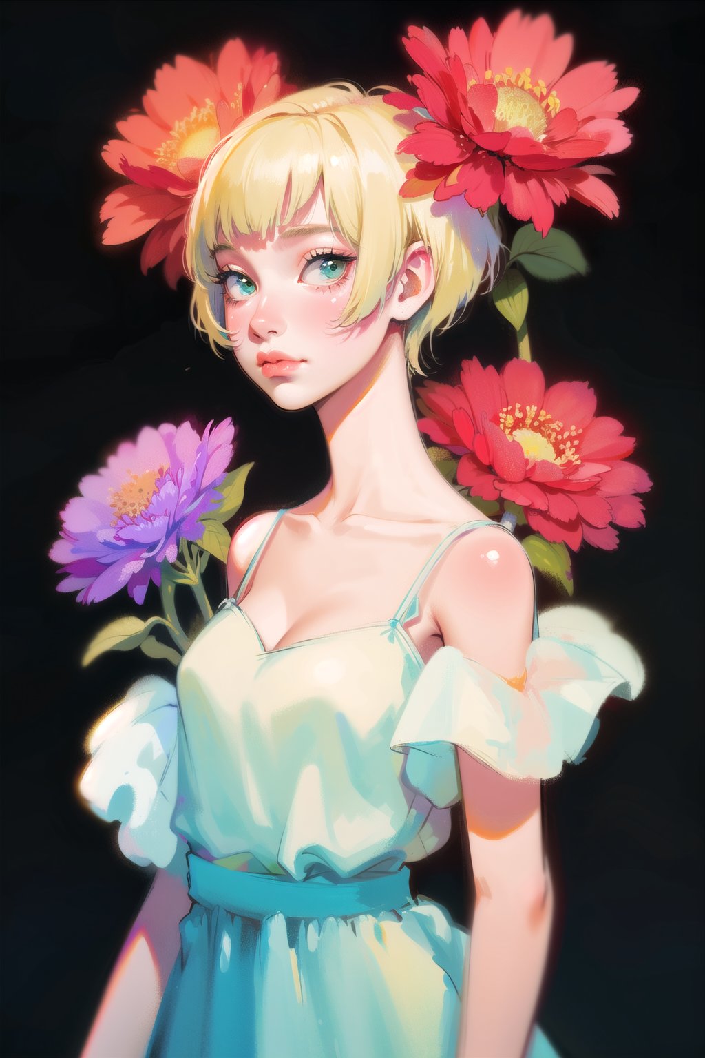 a woman with simple dress, short hair, blonde, global illumination, a photorealistic water painting, in the middle of flowers, long flowers, simple background, subsurface scattering, simple dress, (simple artwork:1.2), simple, (water color:1.2)