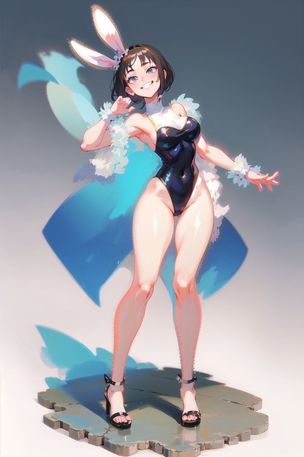 best quality, masterpiece, 1girl, big strong hips, bunny ears, (simple background:1.3), cute, curvy, one piece swimsuit, furry bunny ears, hips, full body, large breats, wide hips, clear skin, thick hips, clean, goddess, beauty, gradient background, simple background, solo, twintails, plae skin, smug, marble floor, reflective floor, glossy floor, suit, leotard, leaning forward, short hair, grin, nun, sleeveless, bare arms, bare legs, bare_sholders, teasing, mature,