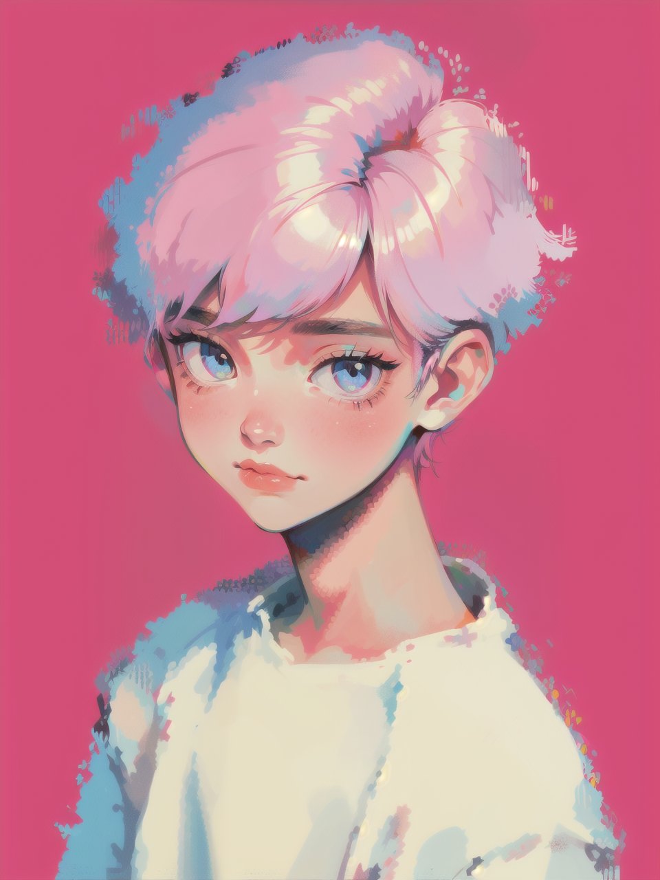 solo, 1boy, closeup, white shirt, pink hair, 1990s \(style\), tr90style, simple background