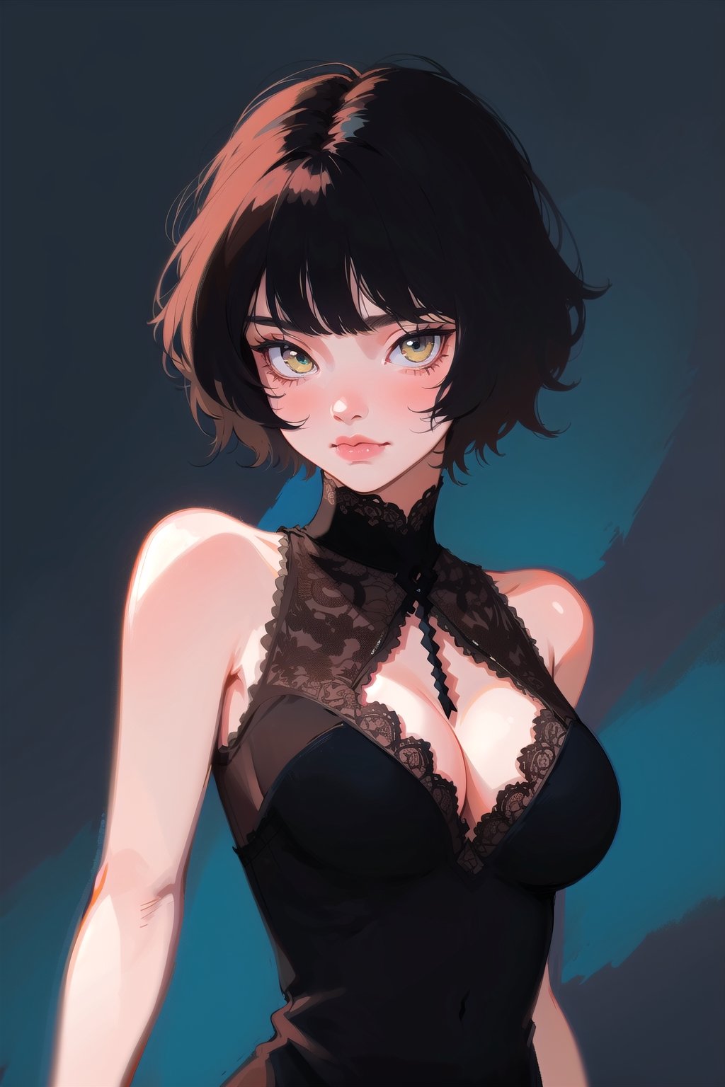 1girl, short hair, upper body, detailed, simple background, large breasts, bare shoulders, sleeveless, black hair, best quality, masterpiece, cowboy shot, intricate design, black victorian dress